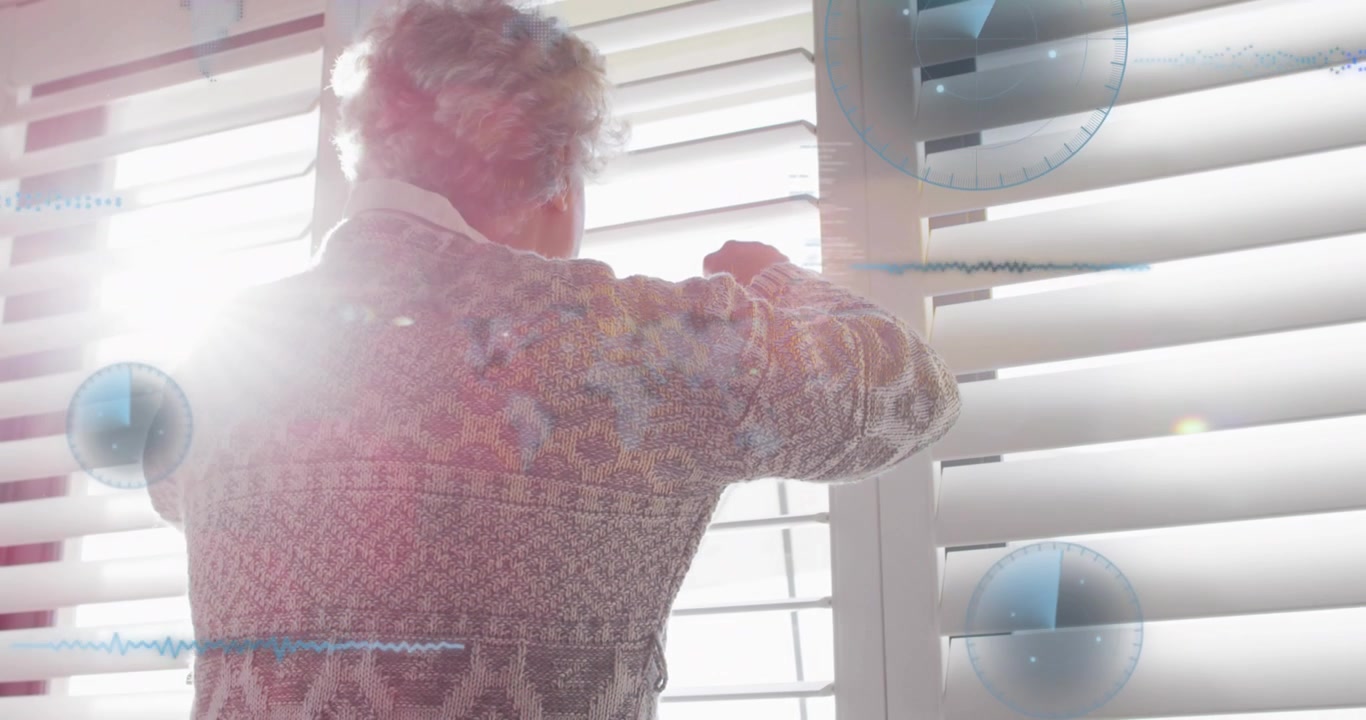 Senior woman gripping mullion, adjusting blinds and increasing sunlight while tech HUD intensifying