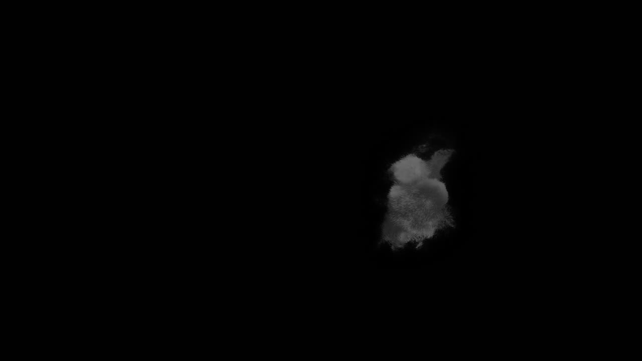 Small smoke puff erupts into larger cloud then transitions to fast particle streaks exploding across black screen. Dynamic CGI for impact or energy release
