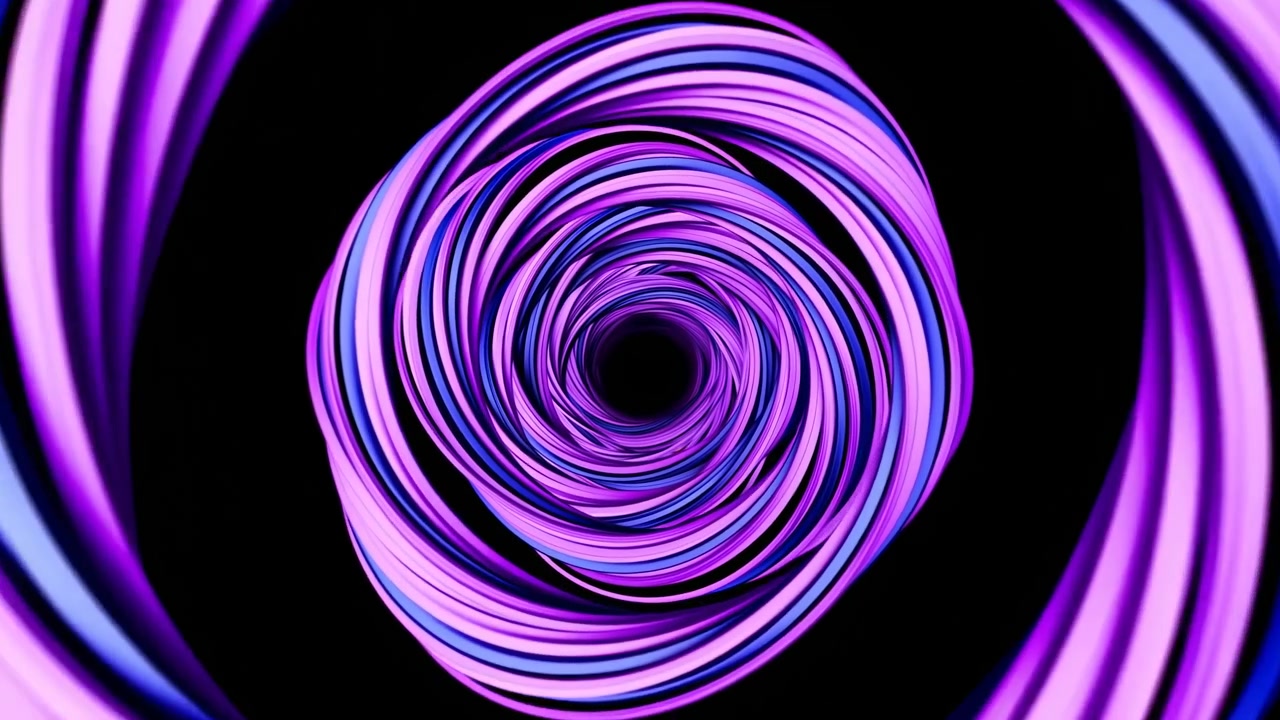 Neonlilla vortex-tunnel med hvirvlende bånd i uendelig løkke på sort baggrund, vaporwave-glød med elektrisk blå.