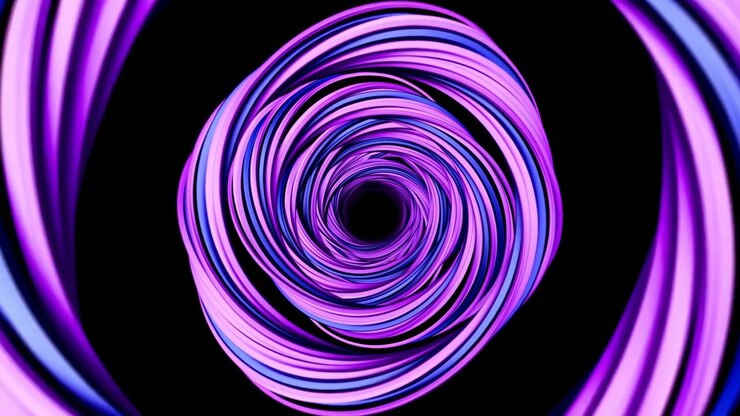 Neon Purple Vortex Tunnel Swirling Ribbon Infinite Loop On Black Background, Vaporwave Glow With Electric Blue