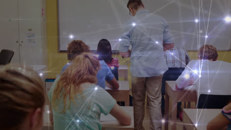 Animation-of-data-and-connections-over-diverse-teacher-and-students-at-school