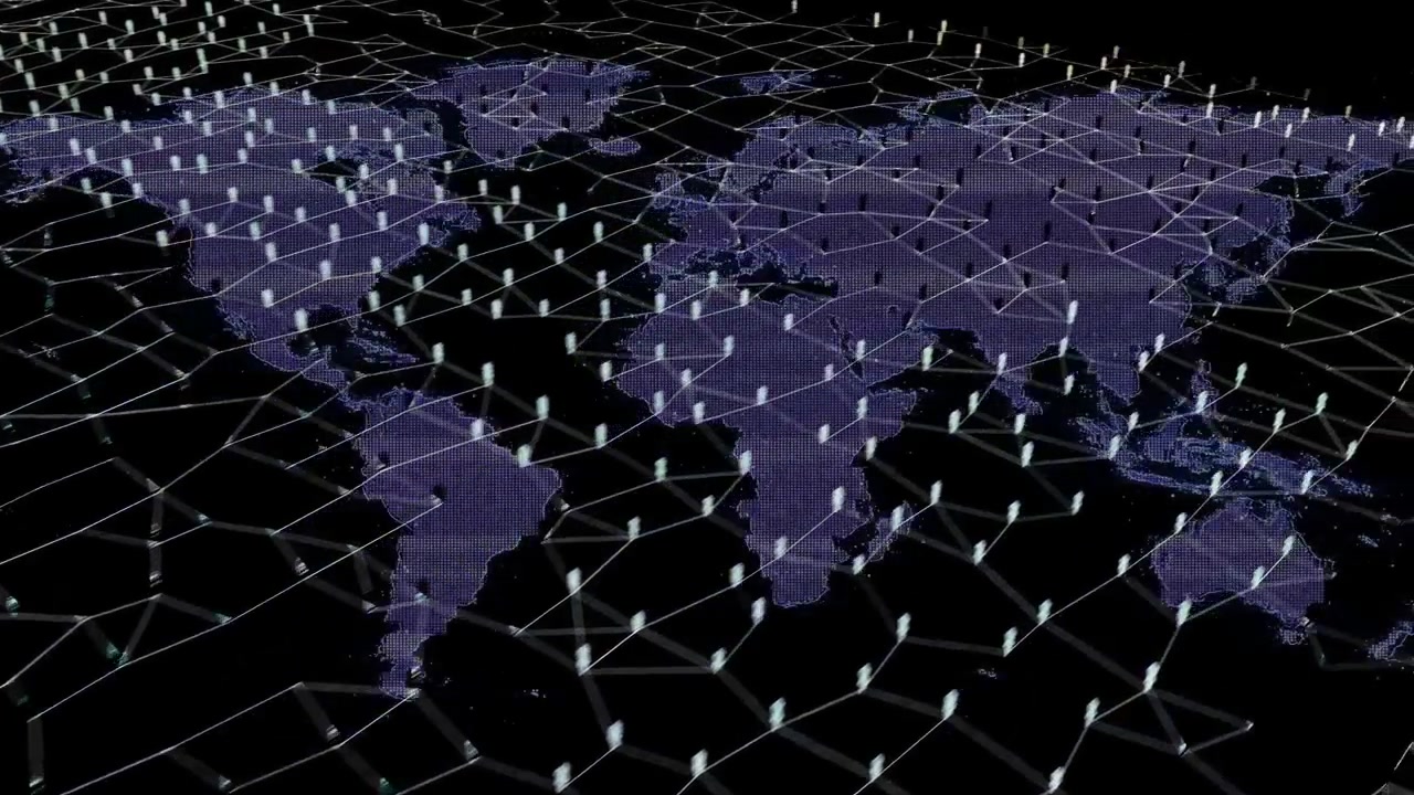 Faint purple lines rising, map meshing, icons and pins rising, camera tilting, showing network