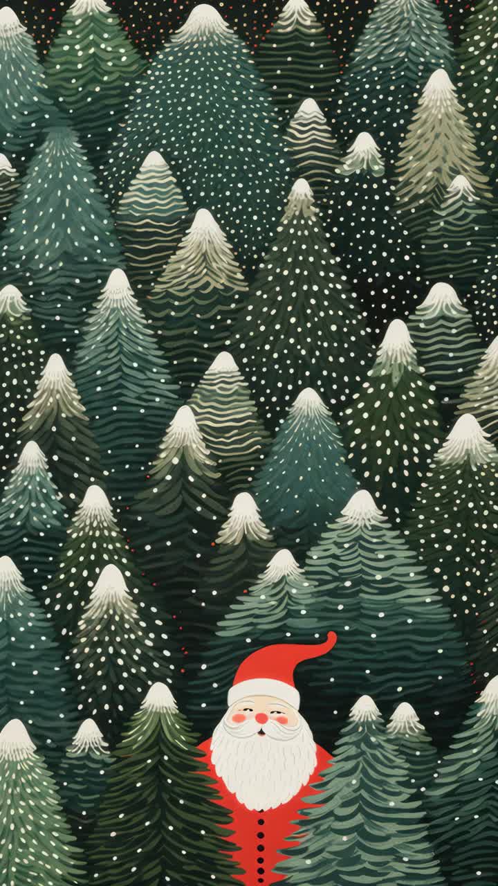 Whimsical top-down video view of a forest with snow-dusted trees and a hidden Santa