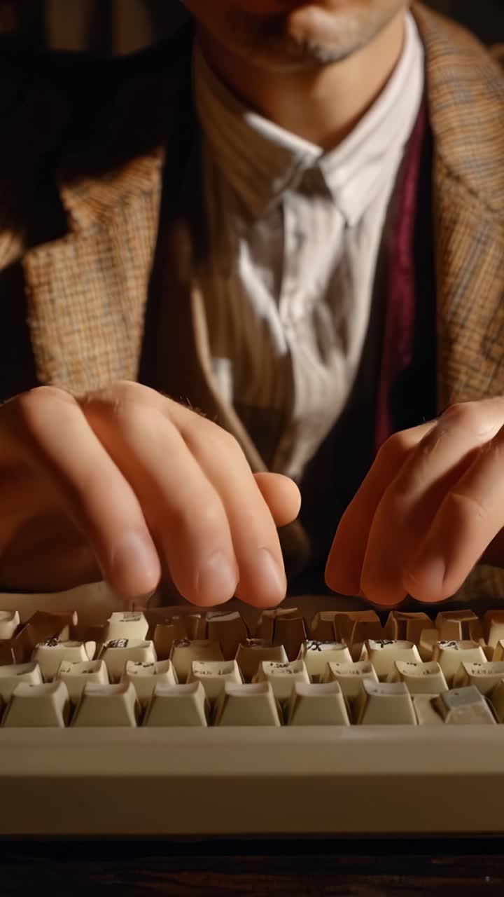 Close-up de Digitação em Teclado Vintage: Uma Abordagem Prática à Comunicação Escrita em Estilo Clássico com Foco na Elegância e Tradição na Arte de Escrever.
