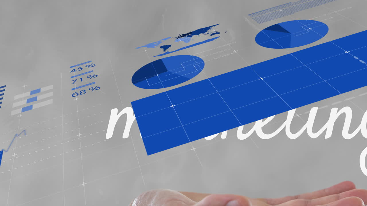 animación de texto de comercialización sobre manos cubertas contra el procesamiento de datos estadísticos en fondo gris