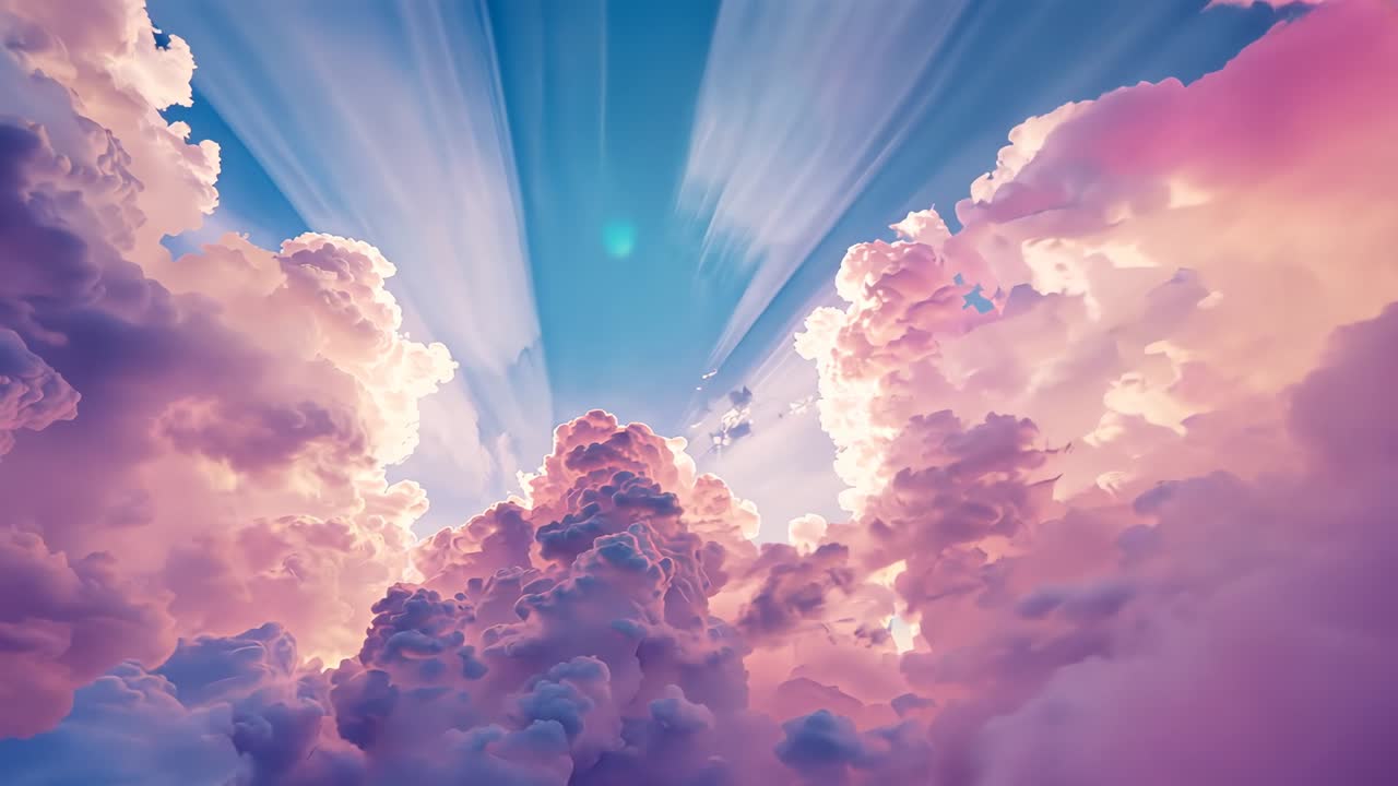 Pulling back camera revealing pink-tinged clouds rising in sky, showing sunbeams and teal flare
