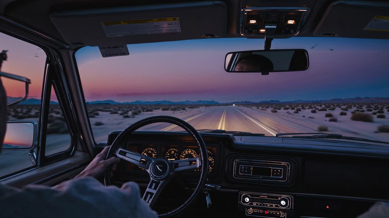 POV shot from inside a car driving through a desert at sunset, capturing the vast landscape