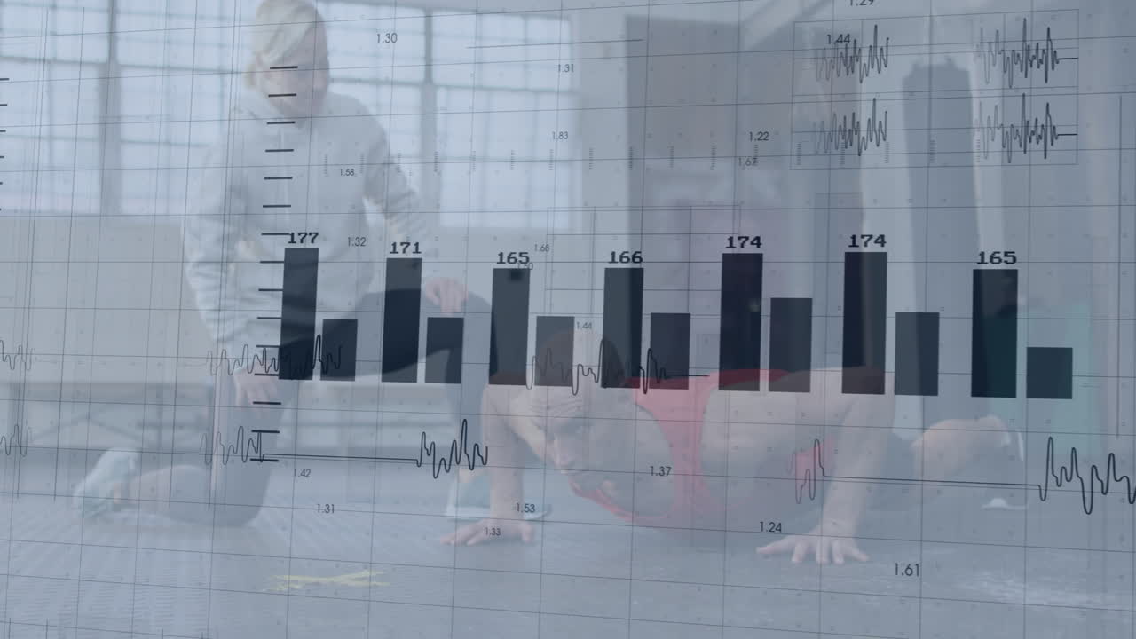 fitness instructor woman observing man performing push-ups in gym, with bar chart and ECG overlay
