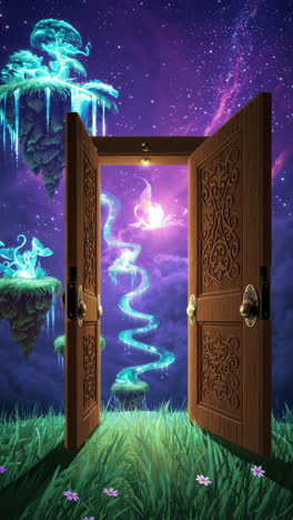ornate wooden door opening to a cosmic fantasy world with floating islands