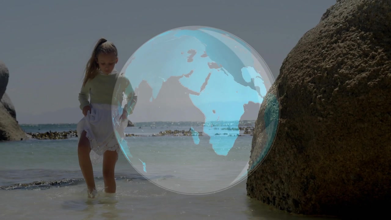 Ragazza che guada verso la riva sollevando la gonna per non bagnarsi, con una sovrapposizione di un globo rotante per l'ambiente che la oscura.