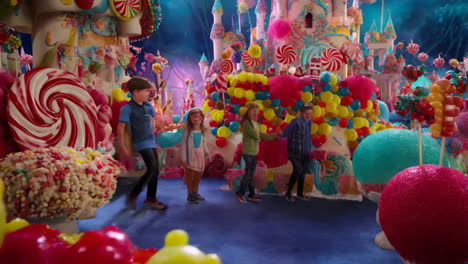 children play in a magical candy wonderland