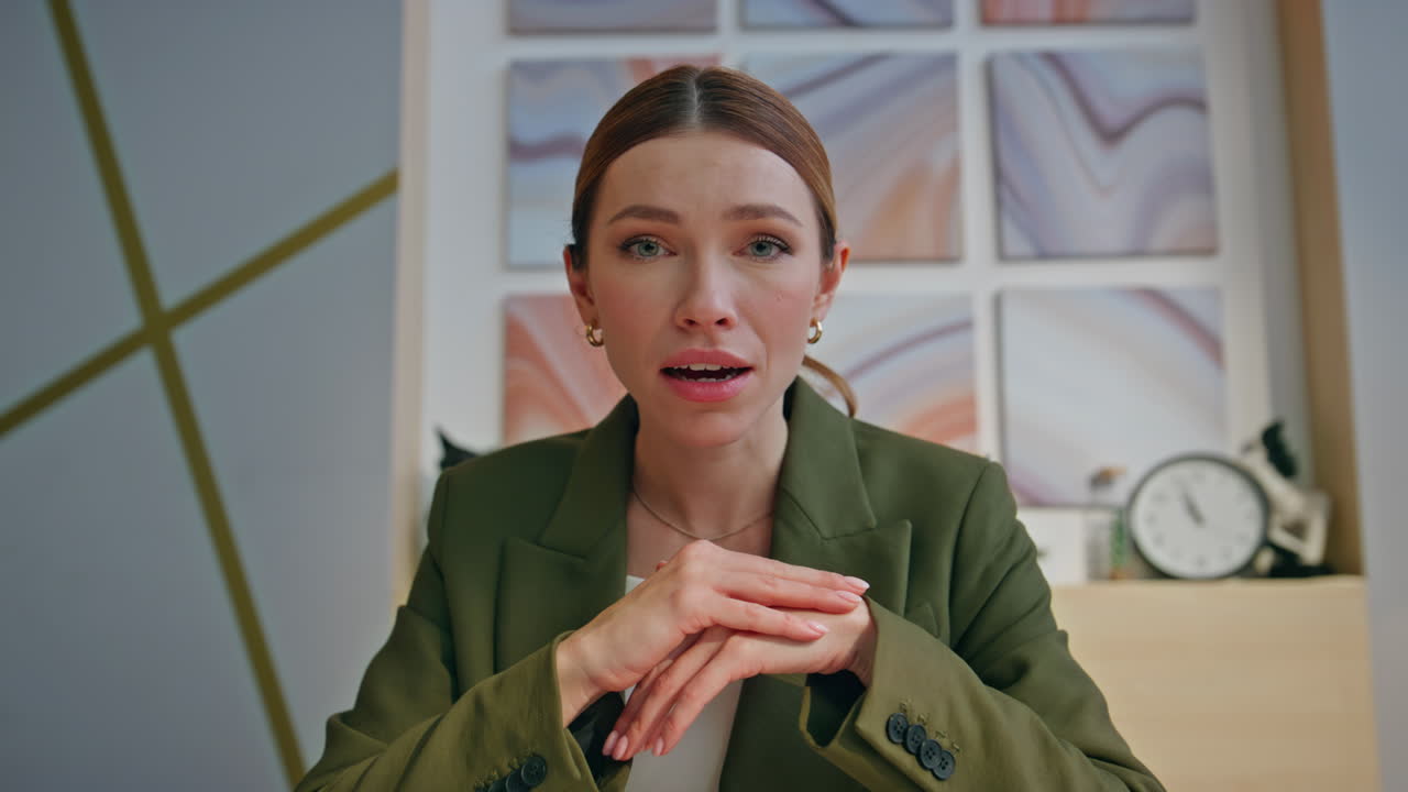 Pov view online businesswoman having conversation in office. Closeup woman call