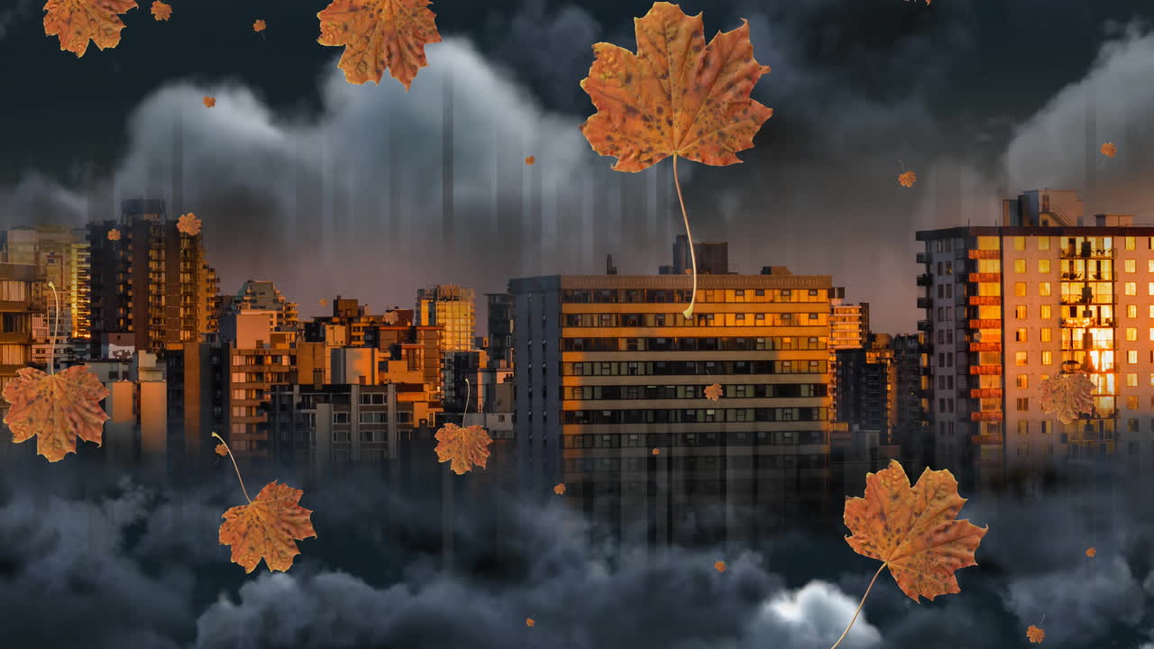 animación de hojas de otoño naranjas que caen sobre el paisaje urbano