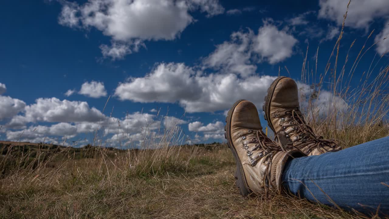 A Pair of Hiking Boots Resting on a Scenic Hilltop, Surrounded by Lush Grass and a Beautiful Blue Sky with Fluffy Clouds, Perfect for Nature Lovers and Outdoor Enthusiasts