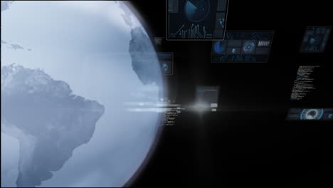 animation of digital globe with light and graphical infographic interface screens with database
