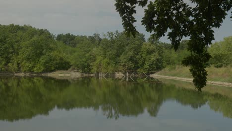 Tranquil-setting-at-calm-fishing-lake-with-green-tree-reflections-on-water