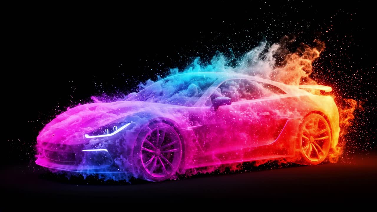 Vibrant sports car surrounded by colorful splashes of water in a dark studio environment creating a dynamic visual experience