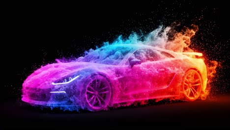 vibrant sports car surrounded by colorful splashes of water in a dark studio environment creating a dynamic visual experience