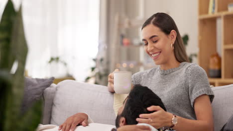 Relax,-morning-and-couple-with-coffee-on-sofa