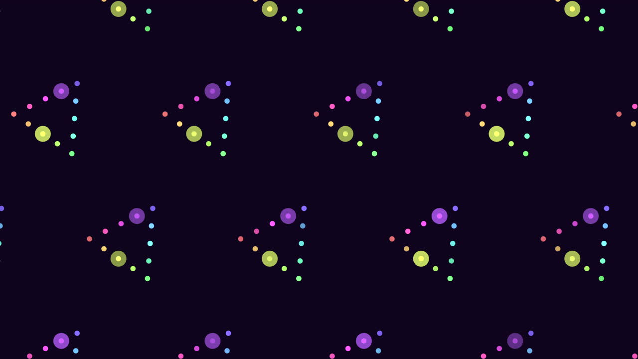 Astratto continuo di triangoli a punti neon colorati che formano un motivo ripetuto su uno sfondo scuro, ideale come sfondo animato moderno per presentazioni, eventi, video musicali e progetti digitali.