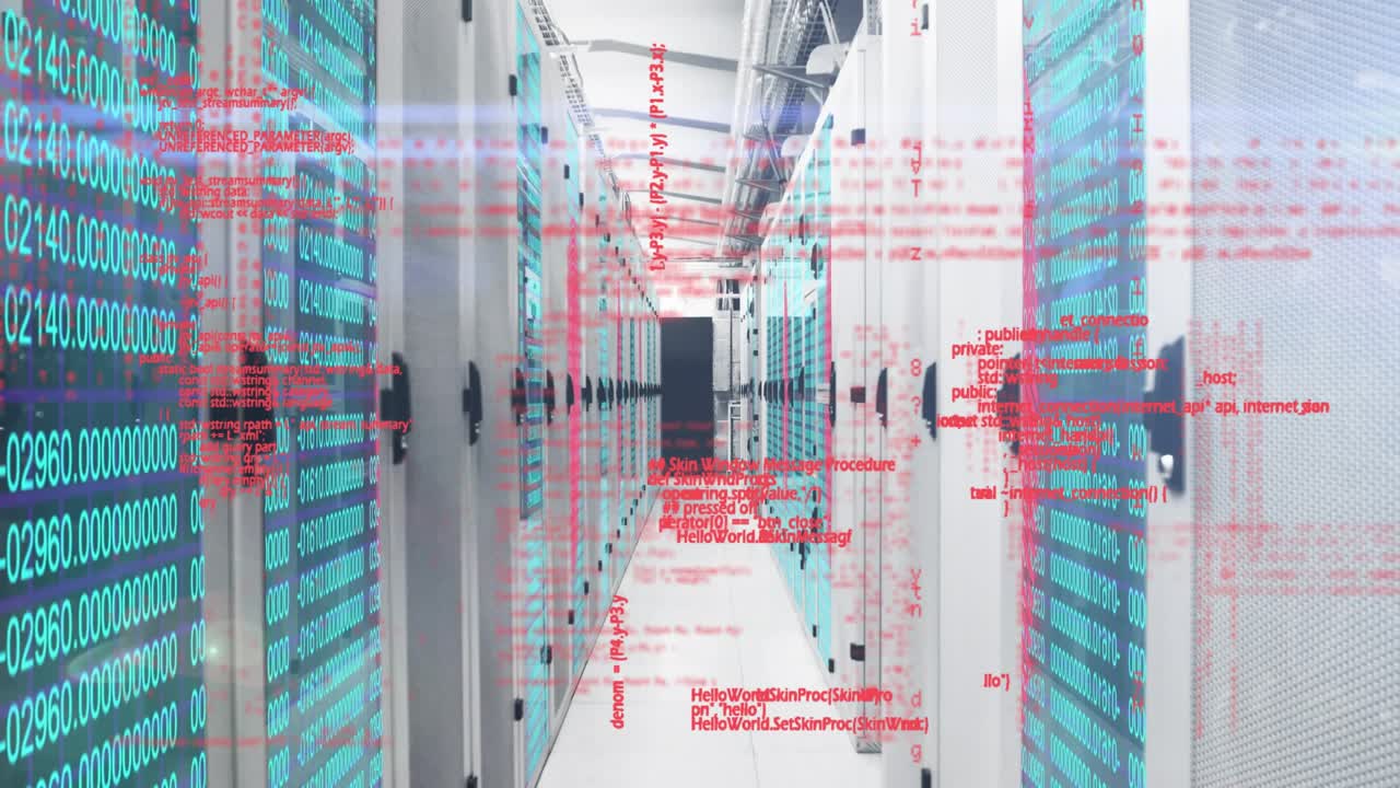Scene opening showing servers lining corridor with teal streams and red code scrolling fading