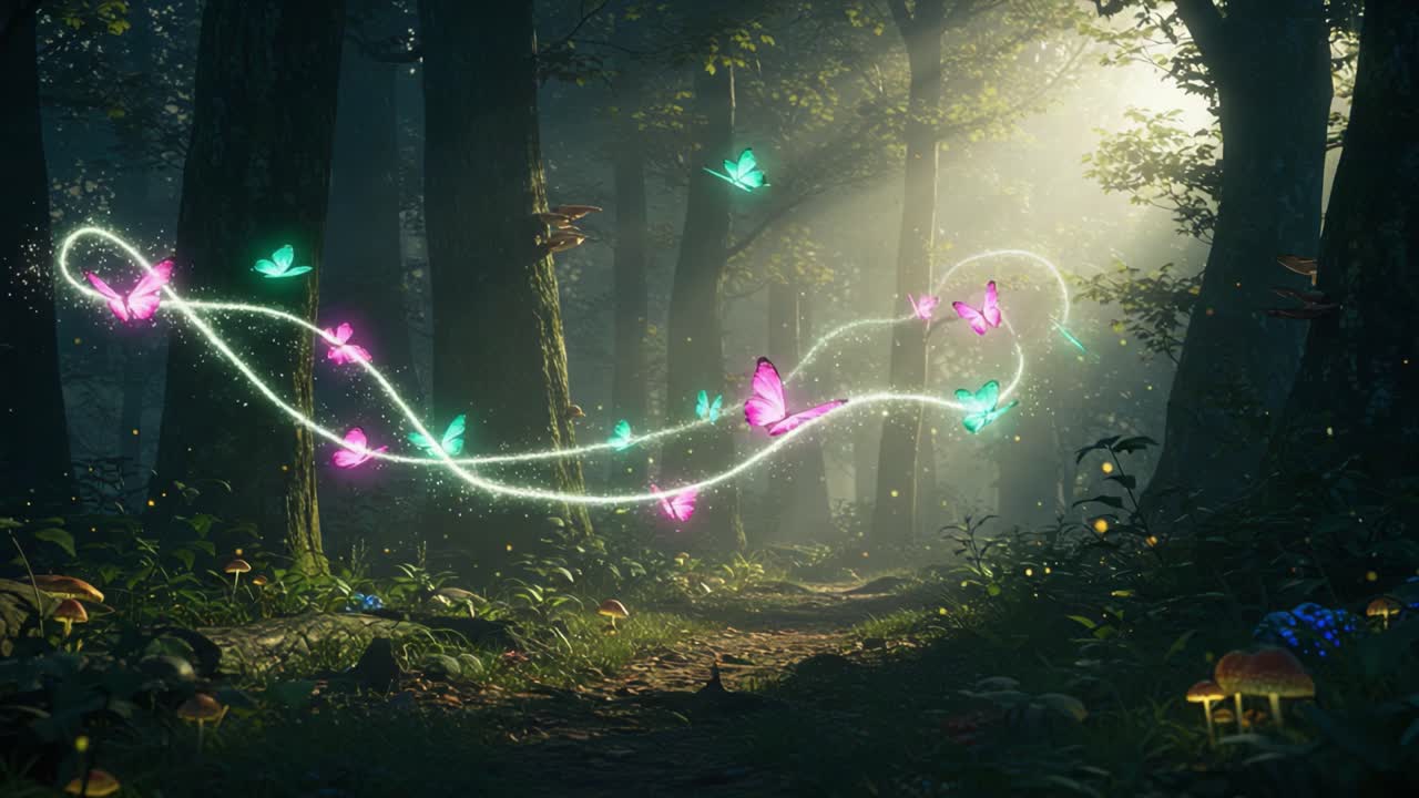 A Mystical Forest Path Illuminated by Ethereal Butterflies Dancing in Glowing Trails, Inviting Exploration in a Serene and Enchanting Wilderness Setting