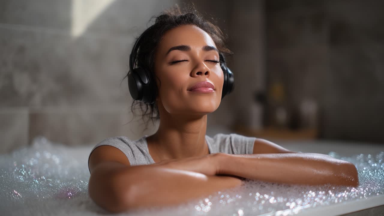 A serene moment of relaxation in a bubble bath, where the individual enjoys soothing music through headphones, embracing tranquility and peace in a calming atmosphere