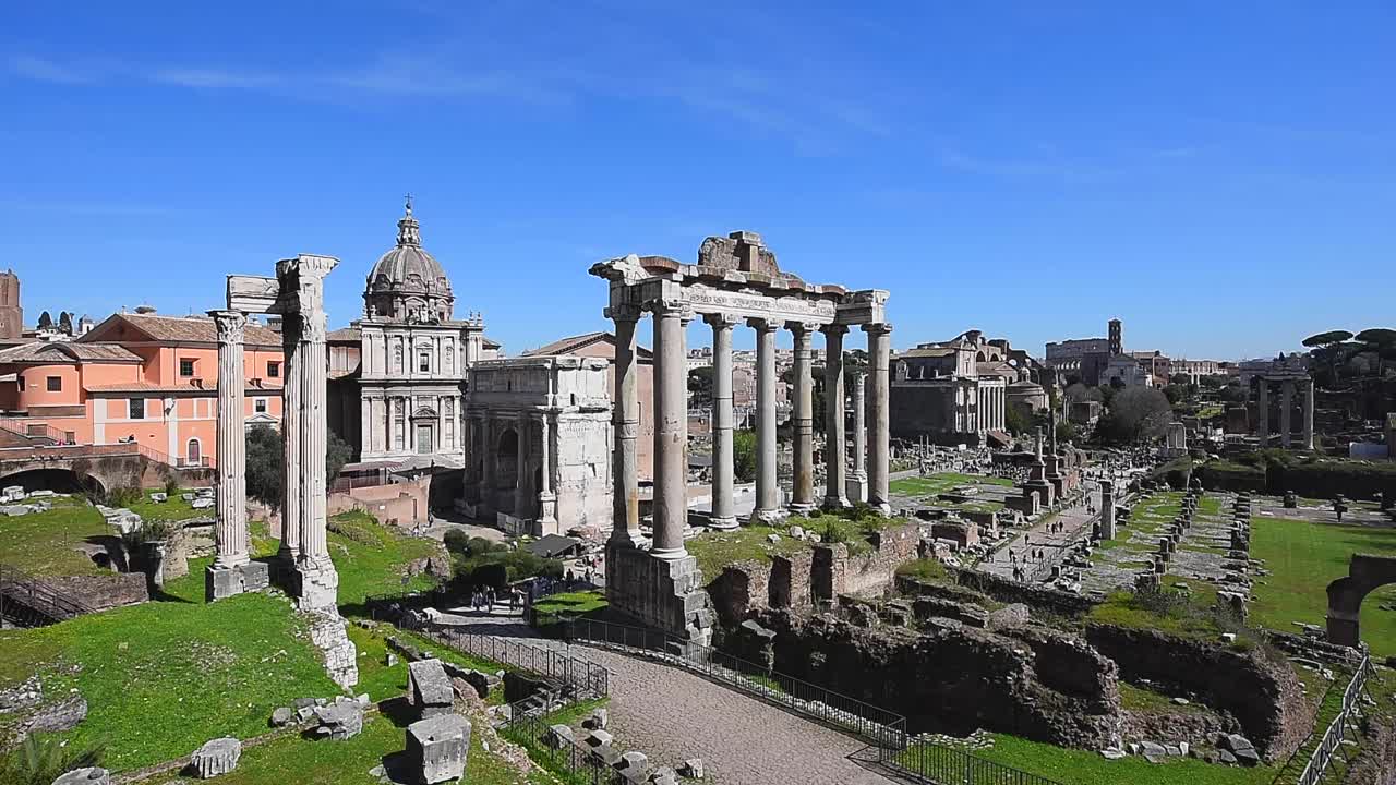 The Roman Forum in Rome, Italy, an iconic ancient site featuring historic ruins, temples, arches, and monuments at the heart of the Eternal City