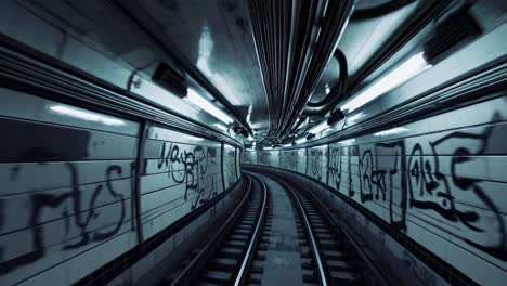 Dynamic motion sequence through an underground subway tunnel, showcasing the curvature of tracks and illuminated graffiti walls, capturing the essence of urban transit experience