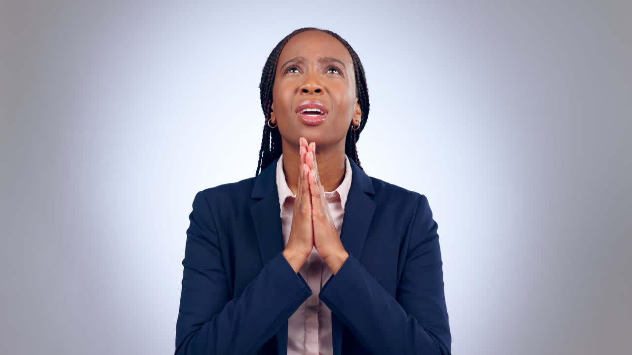 Praying, hands and business woman in faith