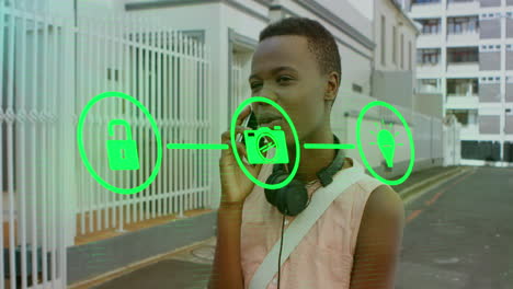 animación de diagrama de flujo de iconos sobre mujer afroamericana hablando en teléfono inteligente