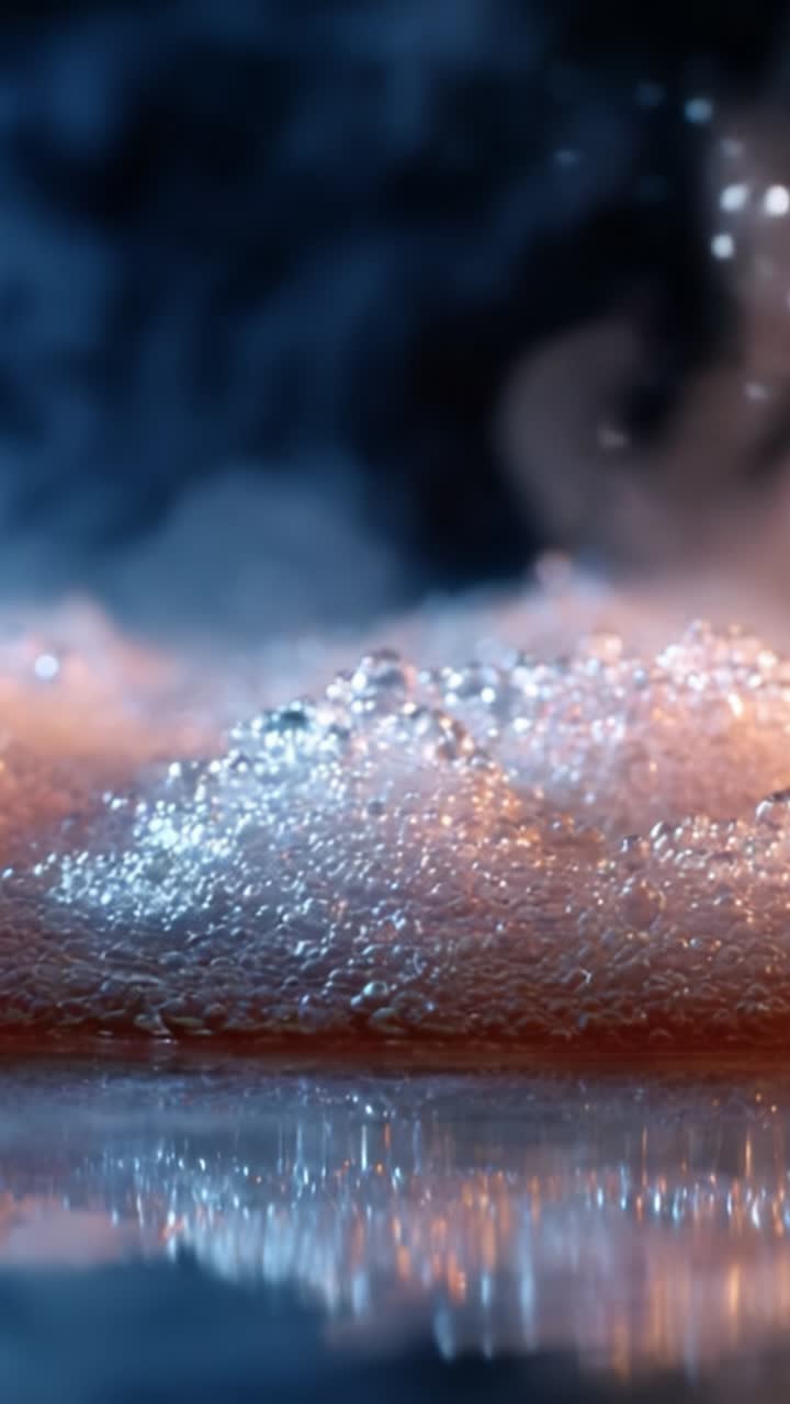 Primo piano ipnotizzante di bolle che salgono in un'atmosfera nebbiosa, catturando la bellezza della dinamica dei fluidi e degli effetti atmosferici con dettagli mozzafiato