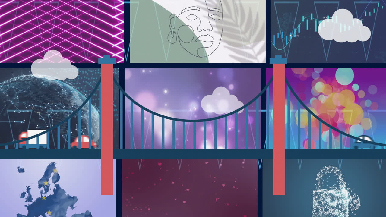 puente con animación de coches sobre varias ilustraciones abstractas y geográficas