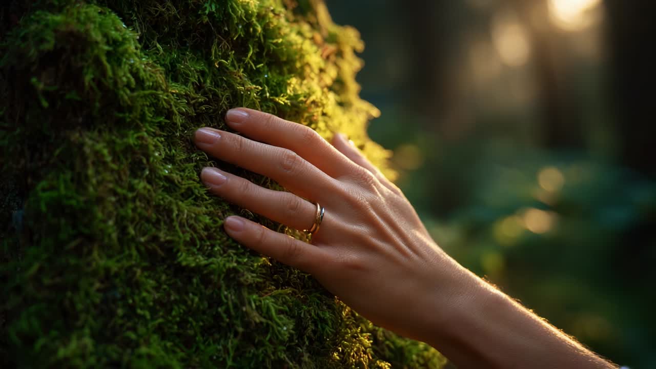 A Serene Moment in Nature: A Hand Gently Touches the Vibrant Green Moss on a Tree as Sunlight Filters Through the Forest, Capturing the Harmony Between Humanity and the Natural World