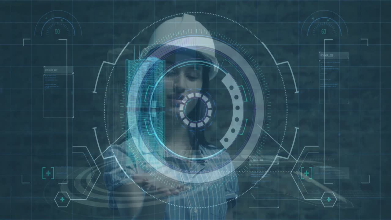 interfaz digital con procesamiento de datos contra estructuras 3d girando sobre manos de arquitectos mujeres