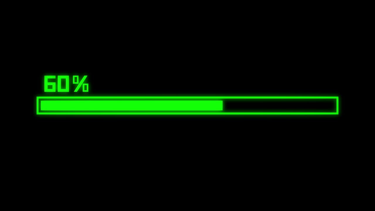 Loading bar downloading barloading screen pixelated progress animation Loading Transfer Download 0-100% in black background.
