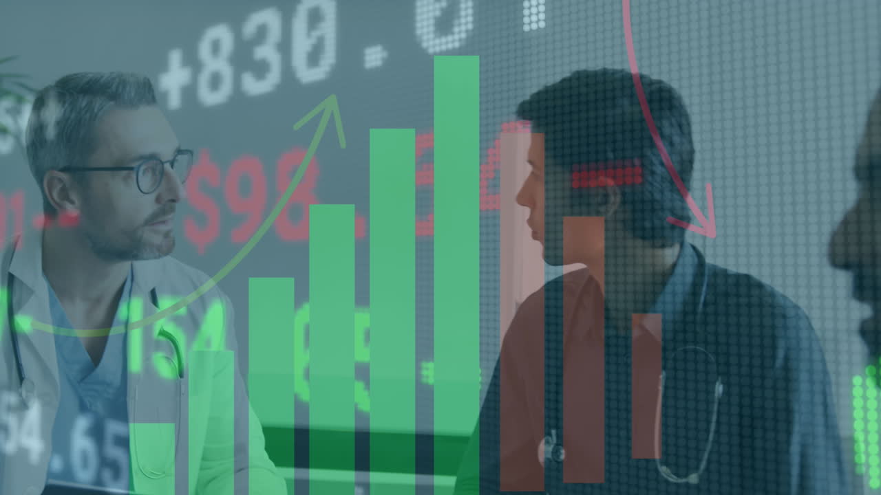 Animation of trading board, arrow and bar graph over diverse doctors discussing in meeting