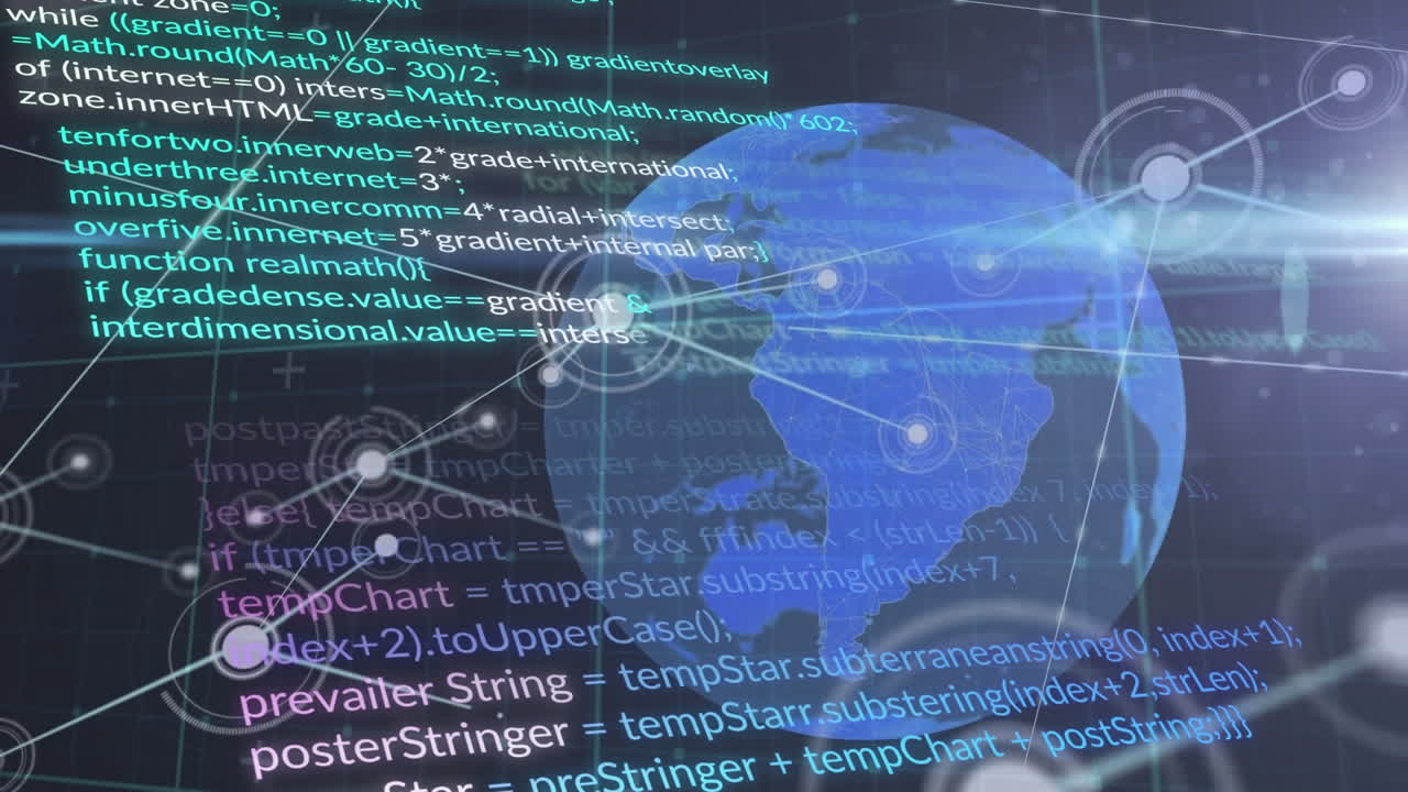 연결된 점의 애니메이션과 전 세계에 대한 컴퓨터 언어 및 렌즈 플레어