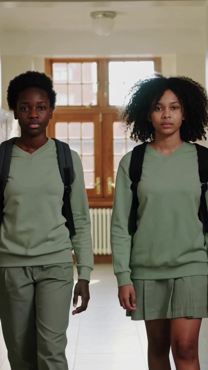 Video verticale: Due studenti camminano vicino alla telecamera a scuola, diretti a lezione, con magliette verdi e zaini