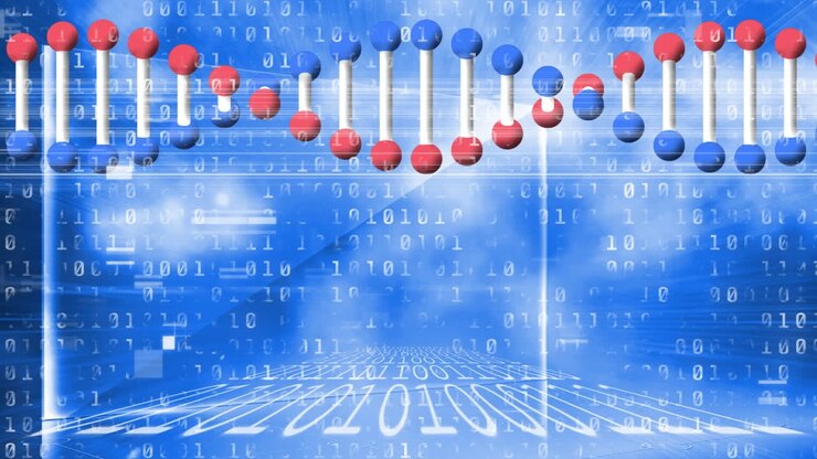 Animation of dna strand over binary coding on blue background