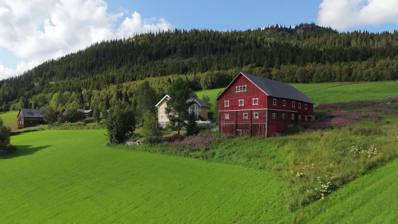 Scenic Aerial View of a Red Barn and Farmhouses in the Norwegian Countryside