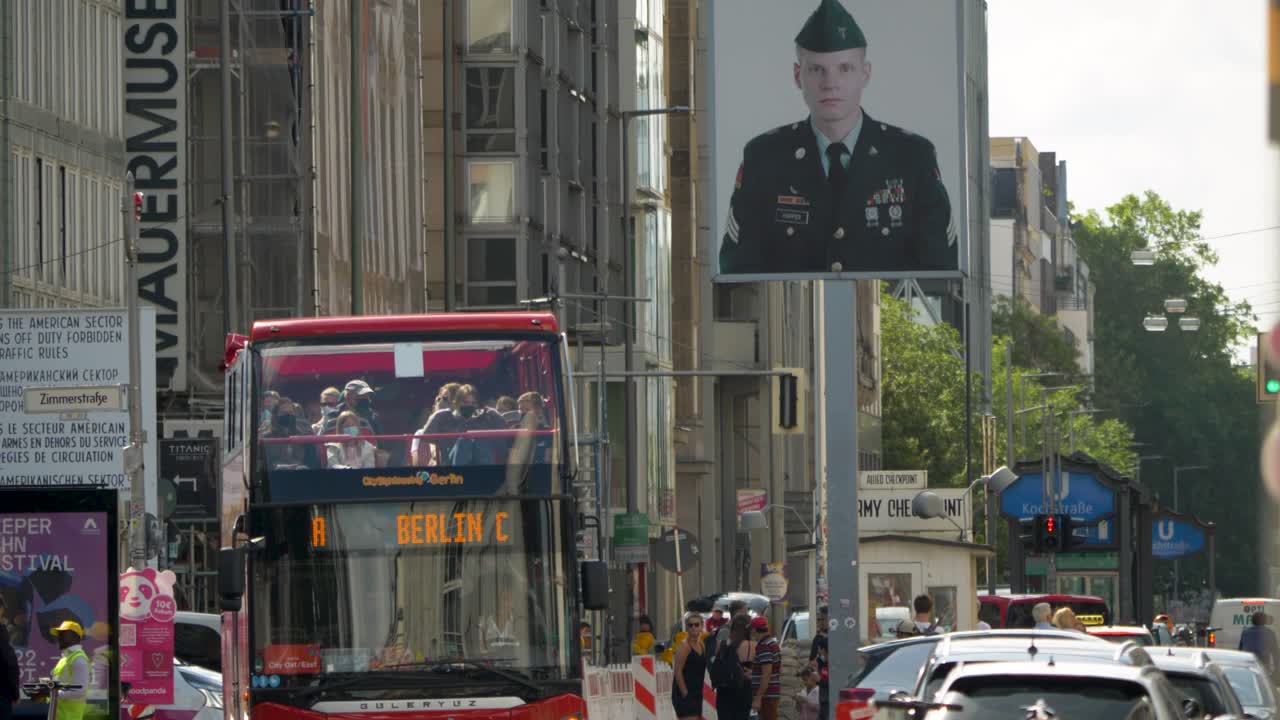 Establishing shot of the famous tourist attraction, Checkpoint Charlie, Berlin, Germany.