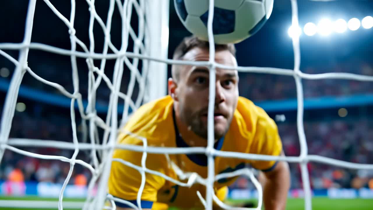 Futbolcu topa odaklanıyor. Bir futbolcu maç sırasında topa vurmaya hazırlanıyor. Sahne stadyumdaki heyecanı ve enerjiyi gösteriyor.