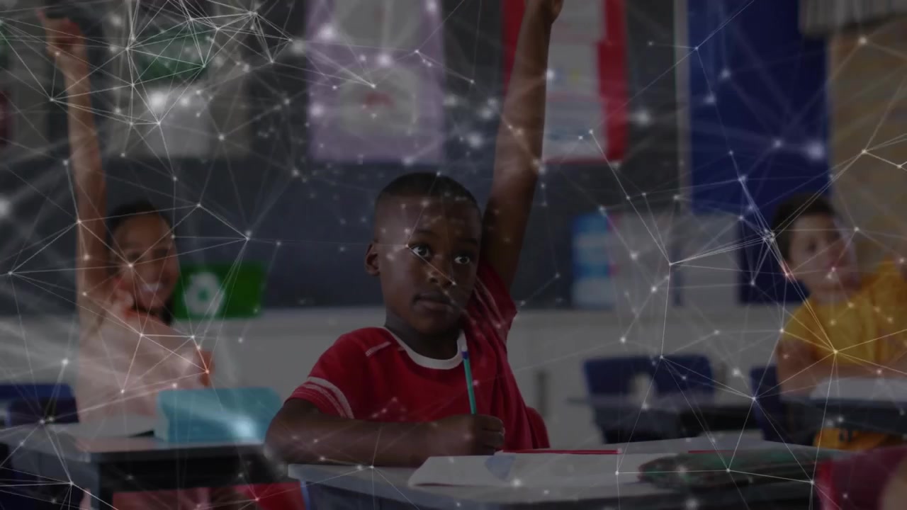 Students raising hands after teacher prompt answering query in class with notebook, digital overlay