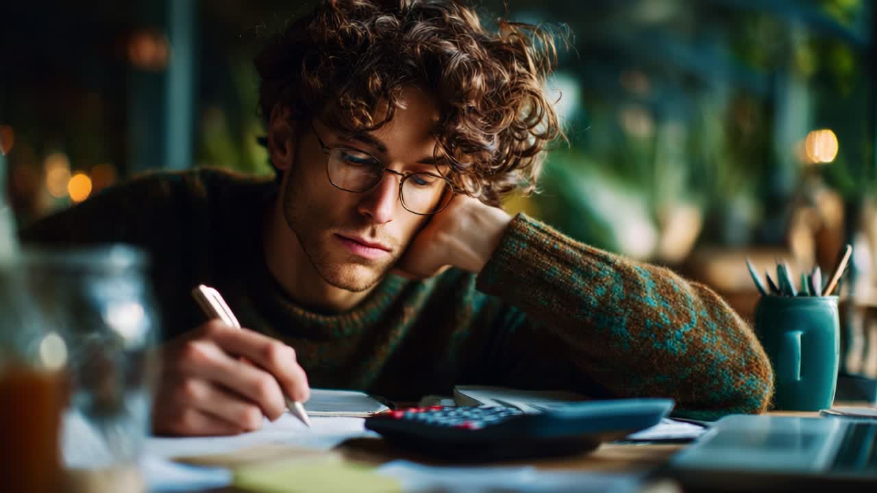 A Thoughtful Young Man Engaged in Calculations and Writing in a Cozy Cafe Setting, Surrounded by Study Materials and Soft Ambient Lighting, Emphasizing Focus and Dedication