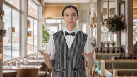 happy indian woman waiter talking to the customer