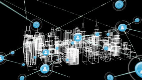 animation of network of connections with icons over 3d city drawing on black background