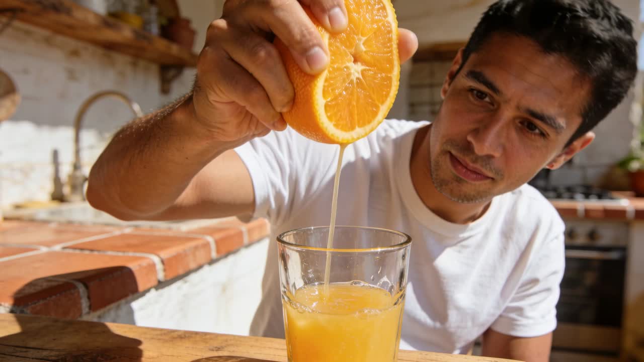 Hombre con camiseta blanca sosteniendo media naranja, inclinándose sobre un vaso en una cocina soleada, extrayendo el zumo.