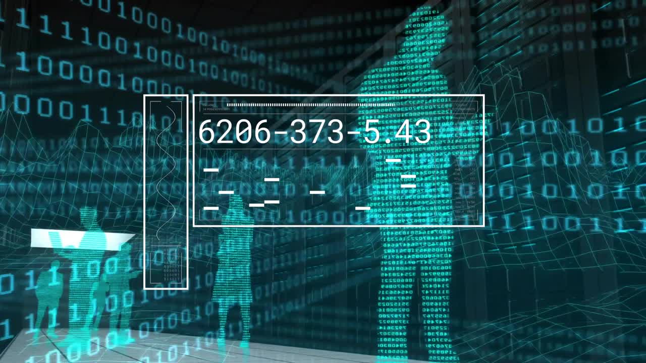 Animation of binary coding data processing over business people on dark background