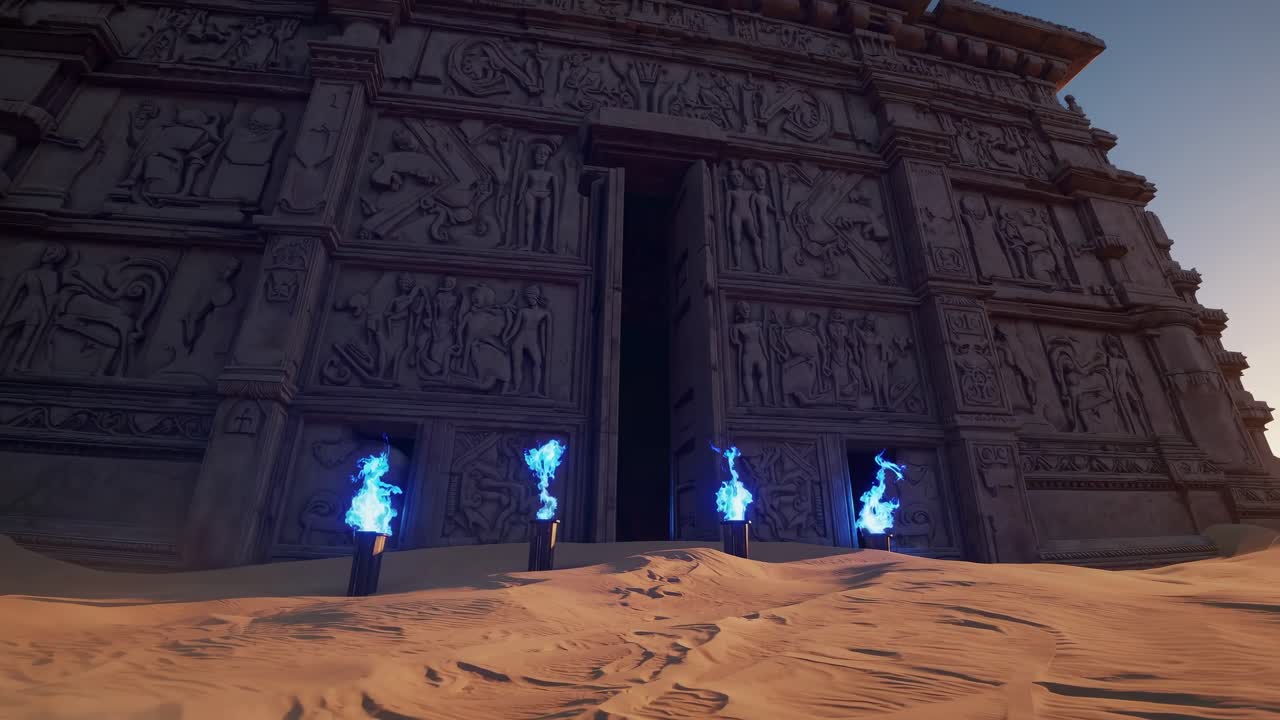 Ancient Temple in the Desert with Burning Torches